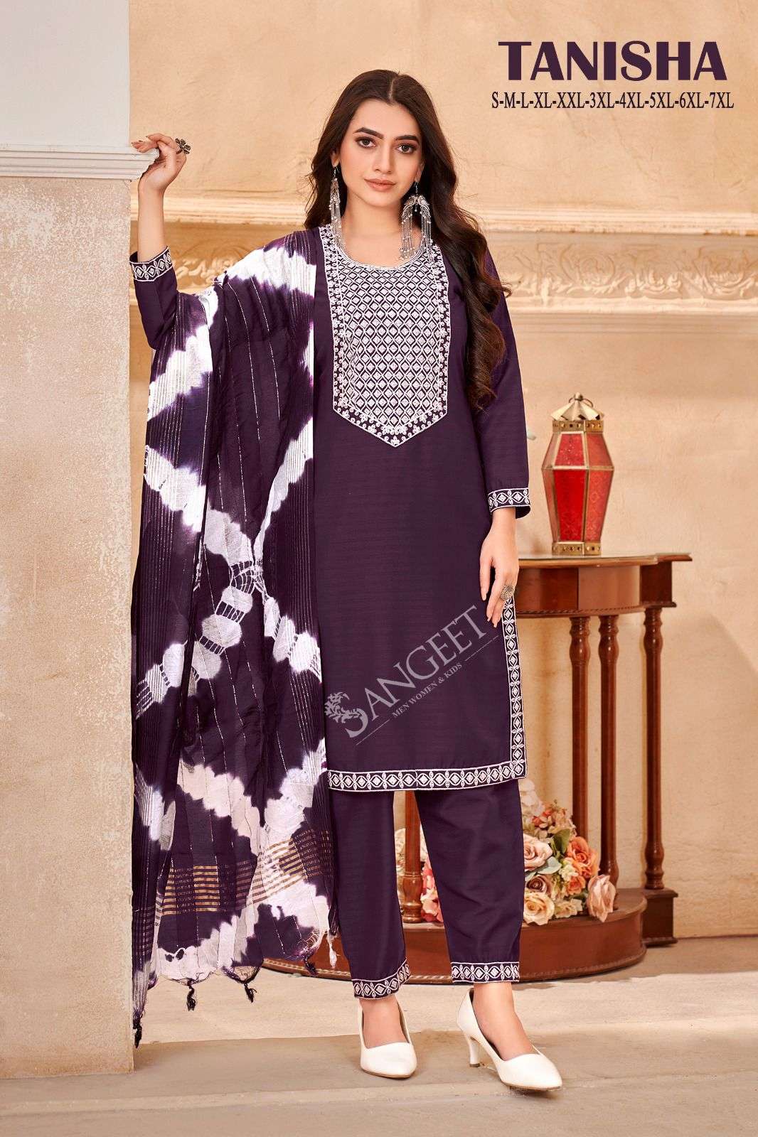 TANISHA VISCOSE RAYON WHITE EMBROIDERY SEQUENCE WORK KURTI WITH PANT AND CORONA SHADED DUPATTA BY SANGEET BRAND 1003